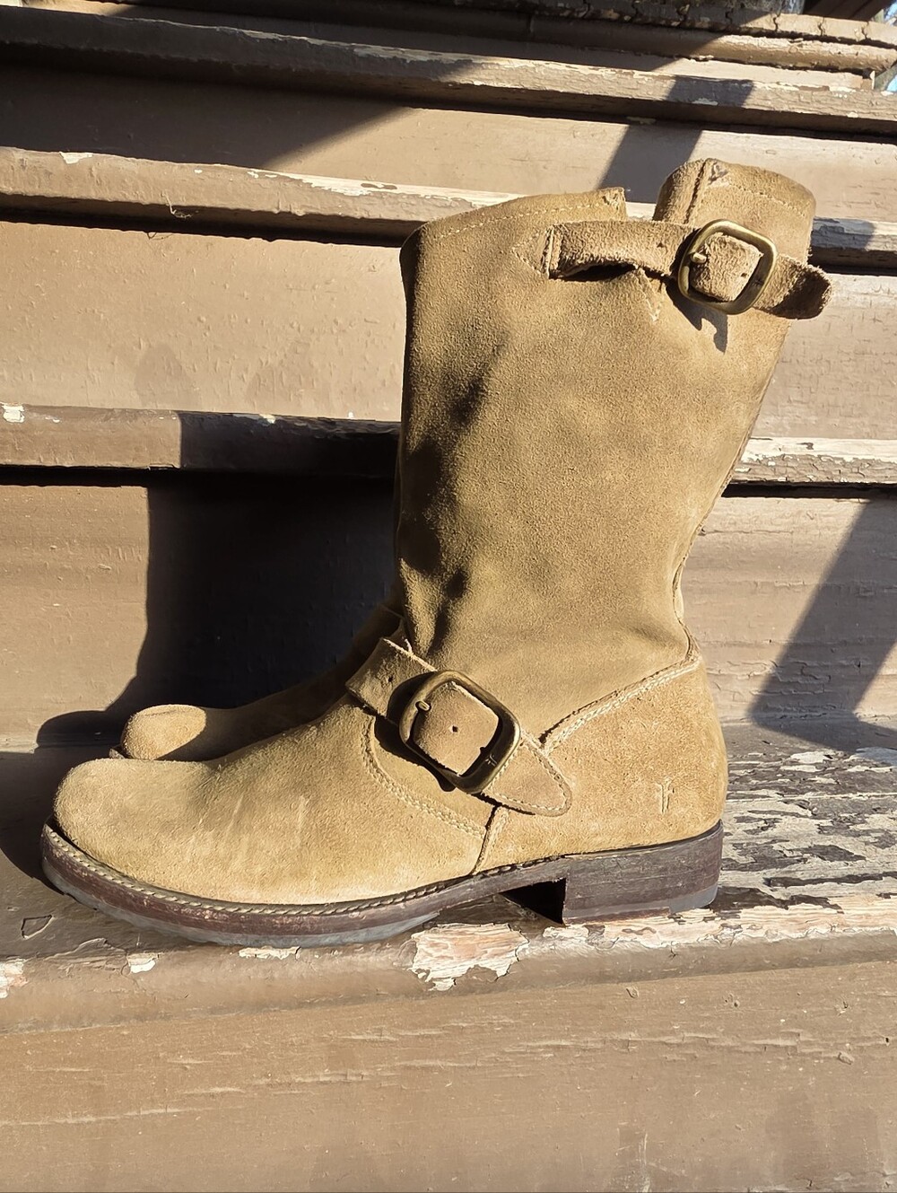 Frye Veronica Short 70590 Womens Green Tan Suede Hook & Loop Engineer Boots - Picture 3 of 15